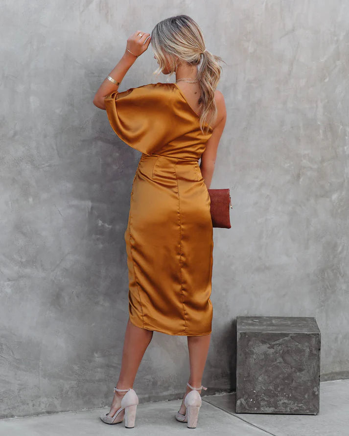 Luolandi One Shoulder Split Midi Length Wedding Guest Dress Party Dress Cocktail Dress